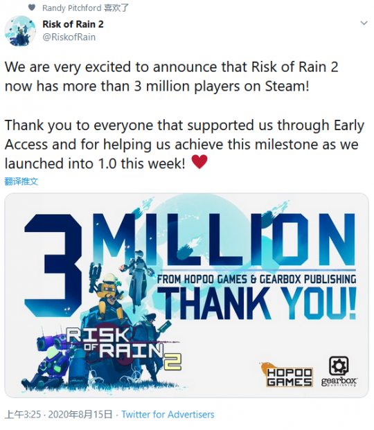 Steam《雨中冒险2》玩家数量突破300万！官方公开贺图