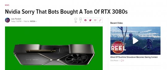 英伟达官方道歉：机器人买空了RTX 3080