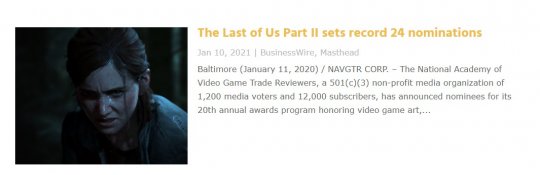 《美末2》创下美国游戏评论家协会大奖提名纪录