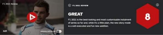 赛车竞速《FI 2021》IGN 8分 自定义丰富，故事模式不错