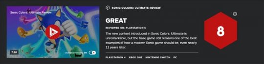 《索尼克色彩：终极版》IGN 8分好评 当代系列最佳范例之一