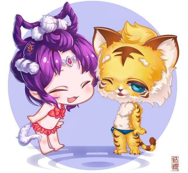 大话西游手游:清凉夏日系列 玩家手绘q版虎头怪cp展示1_大话西游手游